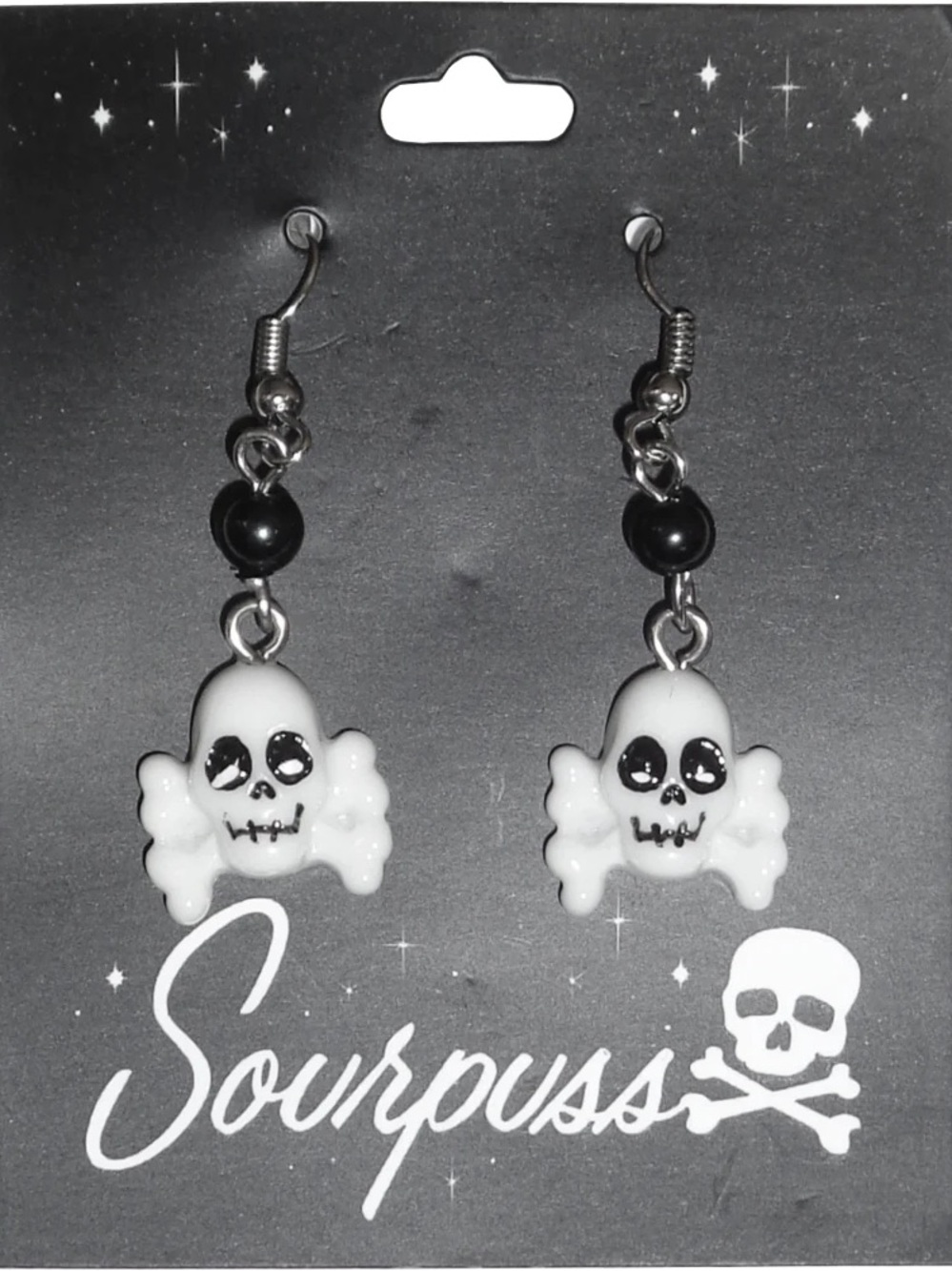 Sourpuss White Skull & Crossbones Ghost Drop Earrings with Black Beads